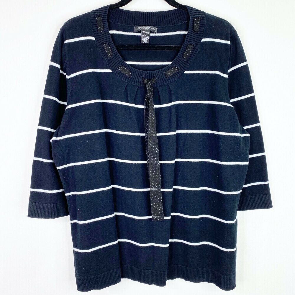 Designers Originals Striped Tie Neck Sweater Shirt Top Plus Size 2X Womens